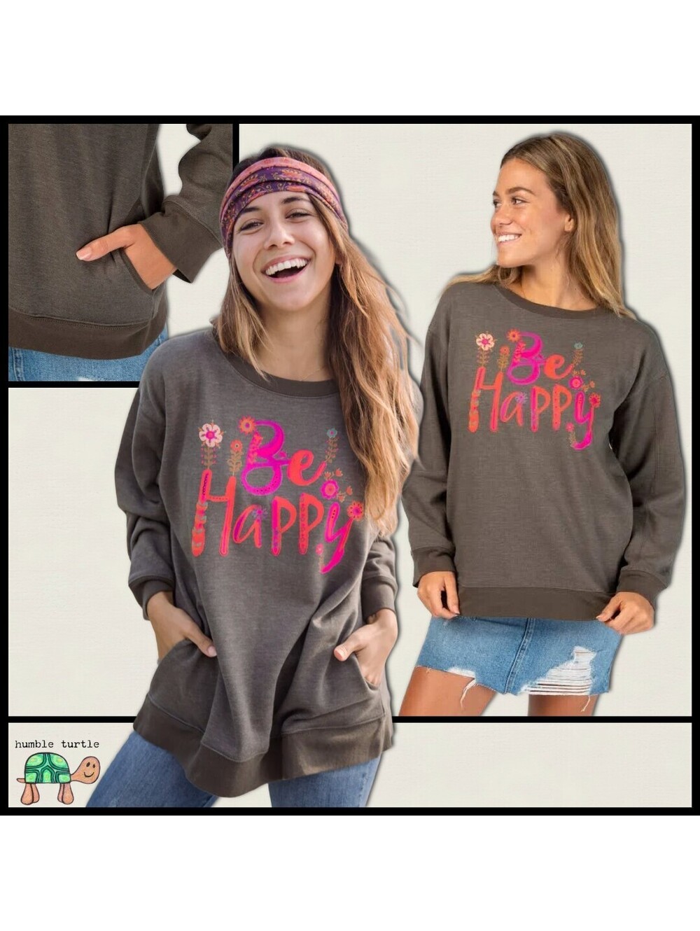 Natural Life XL Be Happy Brown Crewneck Sweatshirt with Pockets | EUC - Picture 5 of 6